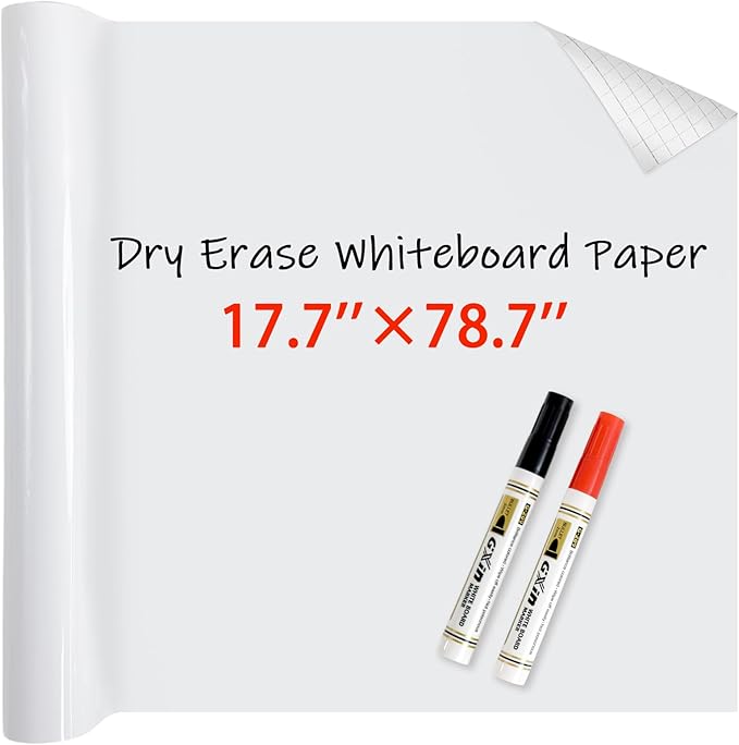 White Board Paper with 2 Markers, Dry Erase Contact Paper, Peel and Stick Whiteboard Sticker, Self-Adhesive White Board Roll Wallpaper for Office Work/Home/Drawing (17.7"×78.7")