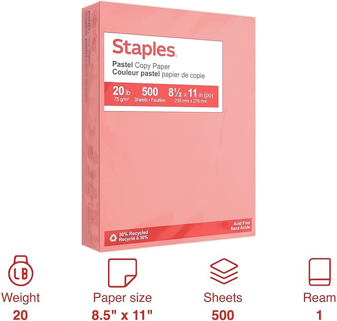 Staples Pastel Recycled Copy Paper - 8.5x11, Salmon, 20 lbs, 500 Sheets, Bright, Acid-Free, Multipurpose Ream