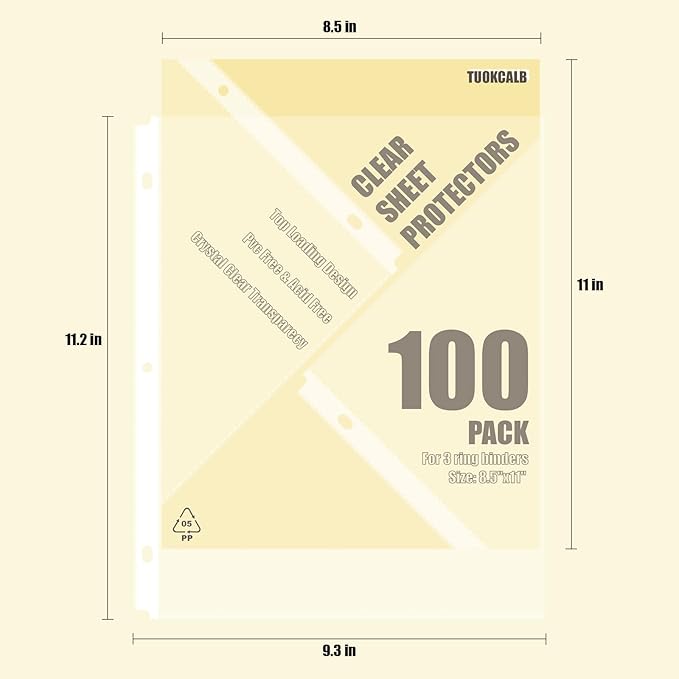 100 Pack Clear Sheet Protectors for 3 Ring Binder, Polypropylene Acid-Free Material, 8.5 x 11 Inch Letter Size, Protector of Your Documents