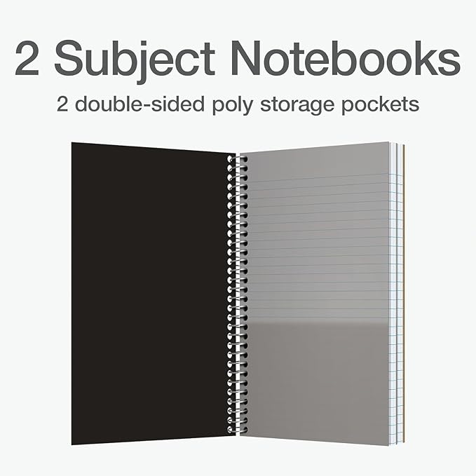Oxford Two Subject Notebooks College Ruled, Spiral Notebook 6x9 1/2" 100 Sheets, 12 Pack of College Ruled Notebook With Pockets, Poly Cover, Red, White, and Black Notebook (Pack of 12)