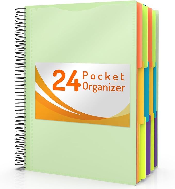 Forvencer 24 Pocket Project Organizer, 1/3-cut Tab Binder Organizer with Sticky Labels, Multi Pocket Folder with Zipper Pouch, Folder Binder Spiral Pocket Notebook, Office Supplies