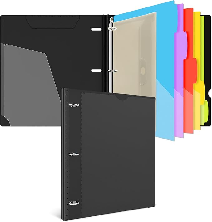 INFUN 1 Inch 3-Ring Telescoping Project Organizer Binder,13 Pocket, Customizable Front Cover, 5 Colors Pocket Divider and Plastic Binder Pocket，225 Sheet Capacity-Black