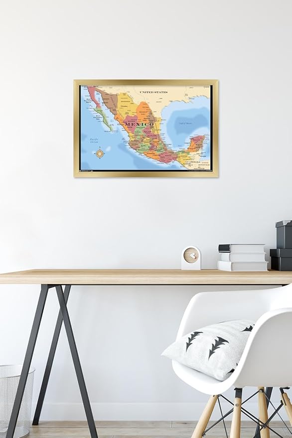 Trends International Map - Mexico Wall Poster, 14.725" x 22.375", Gold Framed Version