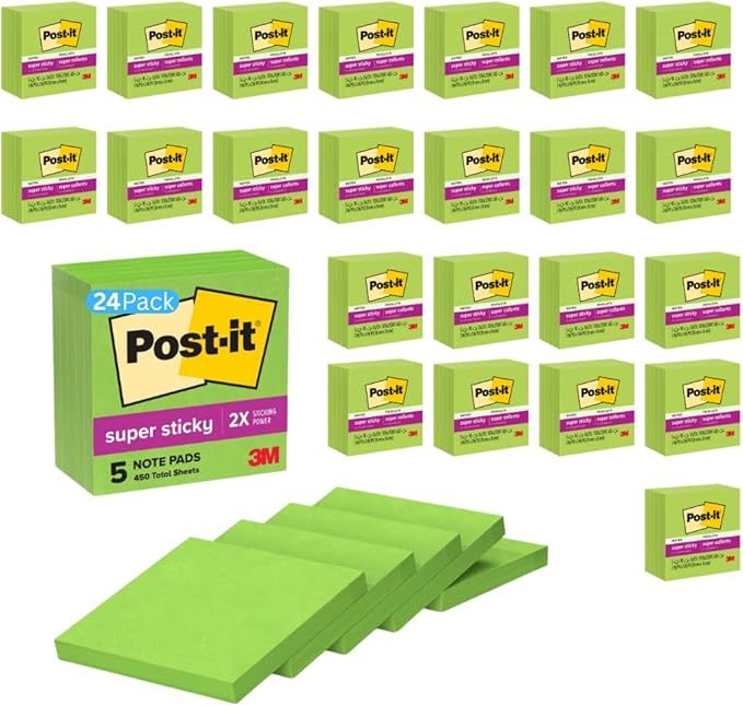 Post-it Super Sticky Notes 654-5SSLE, 3 in x 3 in (76 mm x 76 mm), Limeade - (24 Pack)