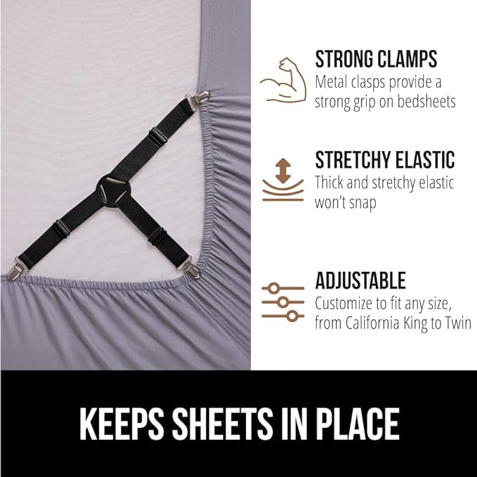 Gorilla Grip Bed Sheet Straps and Headboard Gap Pillow, Sheet Fasteners 4 Pack Black, Easy Install Sheet Suspenders, Headboard Gap Pillow Size King Gray, Dense Foam Wedge, 2 Item Bundle
