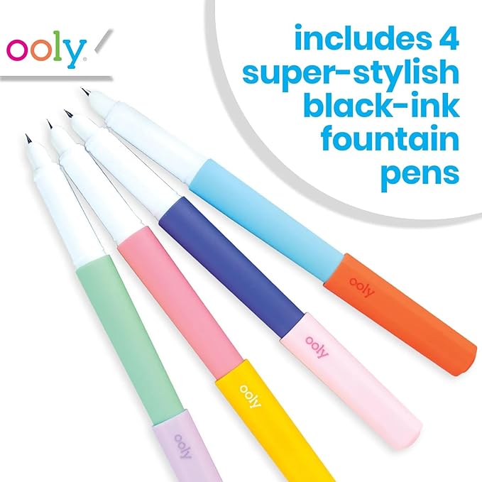 Ooly Fab Fountain Pen Pack of 4 Black Ink Pens, Includes 4 Black Fountain Pens that Use Refillable Ink Cartridges, Fine Fountain Tip Pens for Calligraphy Drawing, School Supplies
