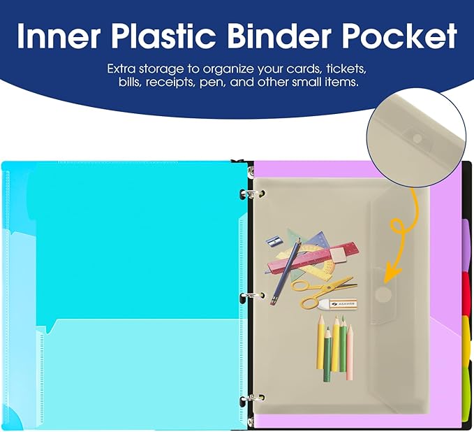 INFUN 1 Inch 3-Ring Telescoping Project Organizer Binder,13 Pocket, Customizable Front Cover, 5 Colors Pocket Divider and Plastic Binder Pocket，225 Sheet Capacity-Blue