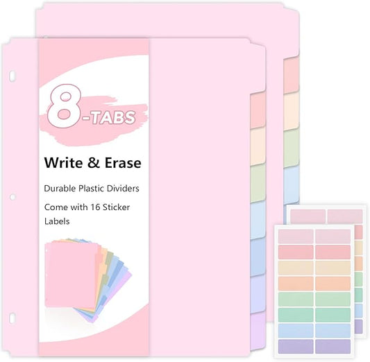 SKYDUE 8 Tab Durable Plastic Dividers,2Sets, Big Tab Dividers for 3 Ring Binder, Write&Erase 3 Ring Binder Dividers with Tabs, with Sticker Labels, Long-Lasting Plastic Pastels Binder Dividers