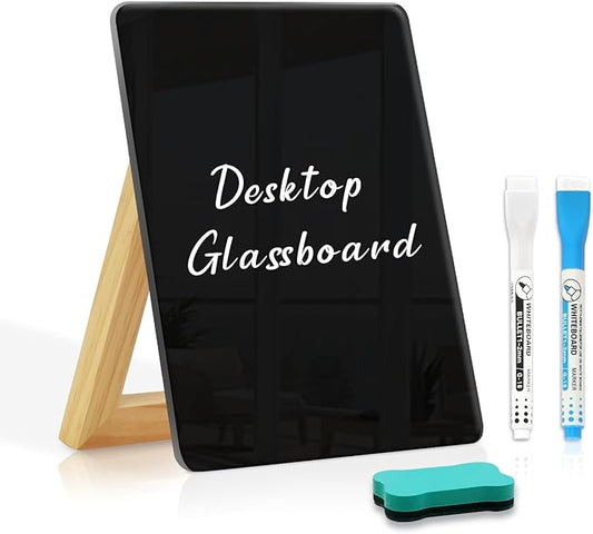Desktop Black Glass Dry Erase Board, Small Glass Whiteboard with Adjustable Wood Stand - Reusable Desk Notepad 9.5" x 6.7" for Home Office