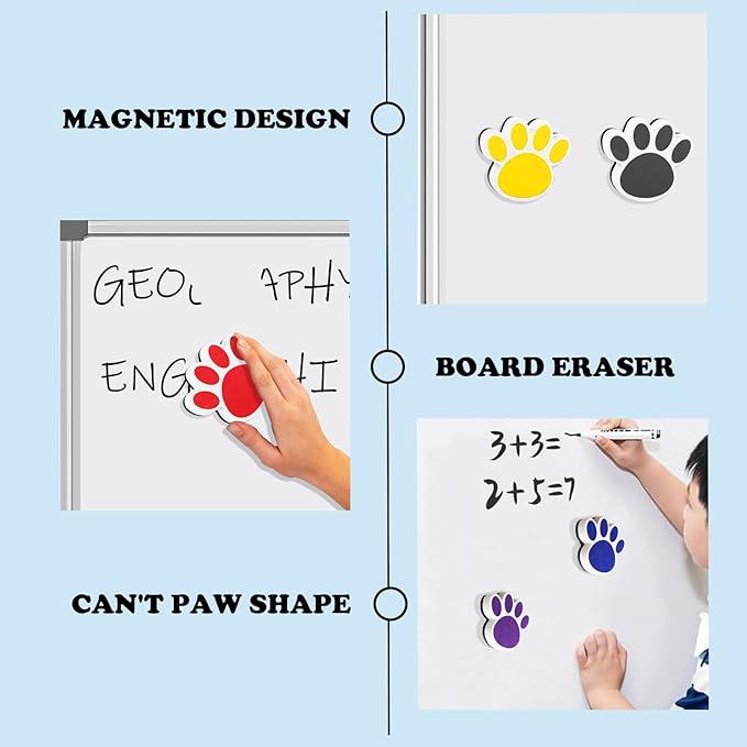 5 Pcs Dry Erase Board Eraser Cute Erasers Cat Paw Shape Reusable Magnetic Whiteboard Eraser School Supplies for Classroom Office(Color Random)