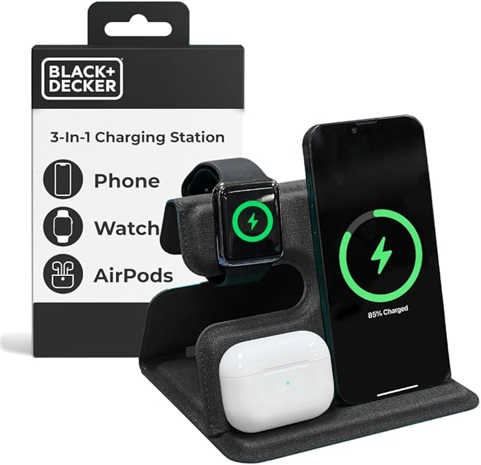 BLACK+DECKER 3 in 1 Charging Station for Apple Multiple Devices, Wireless Foldable Travel Charger for Multiple Devices iPhone 17 16 15 14 13 Pro Max Plus Apple Watch Series/AirPods (Black)