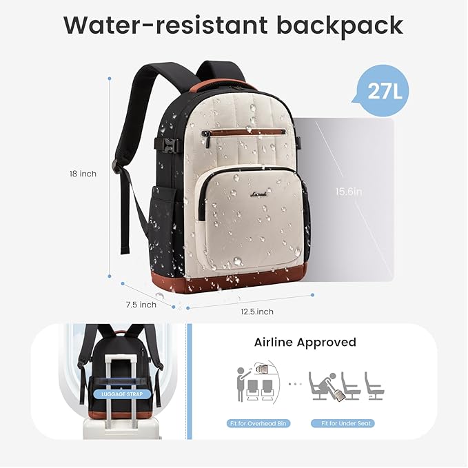 LOVEVOOK Laptop Backpack for Women with Giant Tumbler Holder Pocket,15.6 Inch Puffer Travel College Work Backpack Purse for Teacher Nurse,Casual Laptop Bag Computer Back Pack Daypack,White-Black-Brown