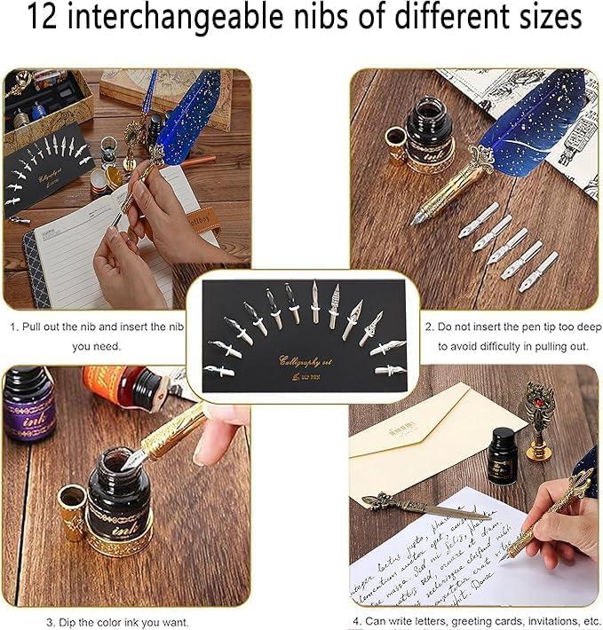 Calligraphy Feather Dip pen set with 6 bottles of ink,Quill Pen,Wooden Dip Pen,Glass Dip Pen,Wax Seal Stamp Kits,Pen Holder,spoon,Letter opener, Christmas Gift for Men&Women