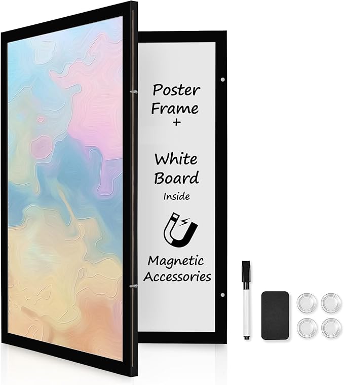 Black Frame Enclosed Whiteboard with Wooden Frame, Approx.16x11in Poster Frame and Functional Whiteboard for Office, Home(Poster Not Included)