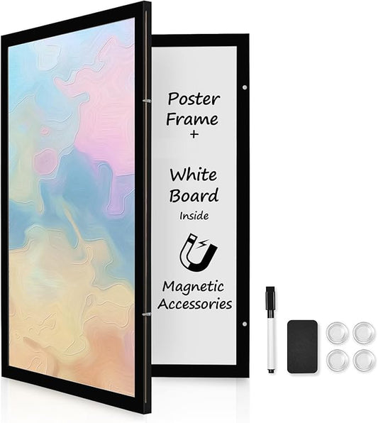 Black Frame Enclosed Whiteboard with Wooden Frame, Approx.16x11in Poster Frame and Functional Whiteboard for Office, Home(Poster Not Included)