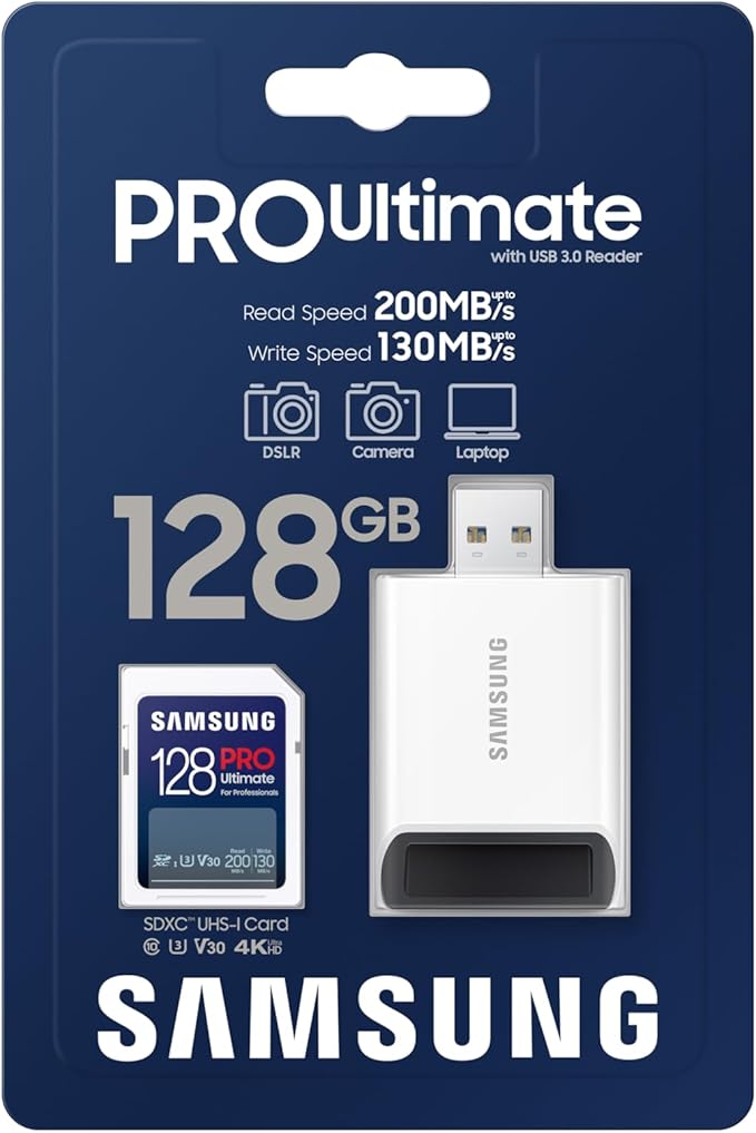 Samsung PRO Ultimate Full Size Memory Card+USBReader, 128GB SDXC, Up to 200 MB/s, 4K UHD, UHS-I, C10, U3, V30, A2 for DSLR, Mirrorless Cameras, PCs, MB-SY128SB/AM