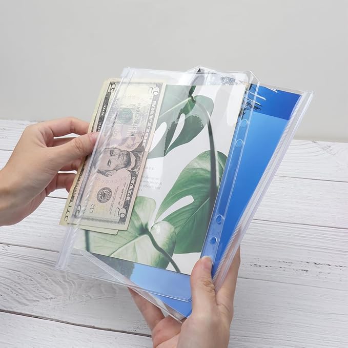 12PCS A5 Clear Zipper Binder Pockets with 6 Holes for Journal & Budget Filing