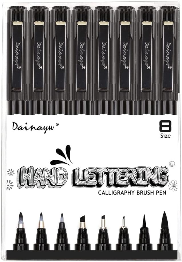 dainayw Calligraphy Brush Pen, Hand Lettering Pens, 8 Size Black Markers Set for Artist Sketch, Technical, Writing, Art Drawing