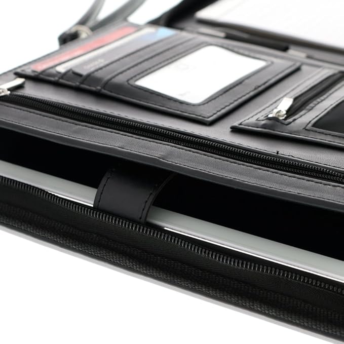 Zippered Leather Portfolio Binder with Junior Legal 5x8 Notepad - Black PU Leather Business Padfolio Organizer Folder with 8 Inch Tablet Sleeve & Gift Box by Lautus Designs