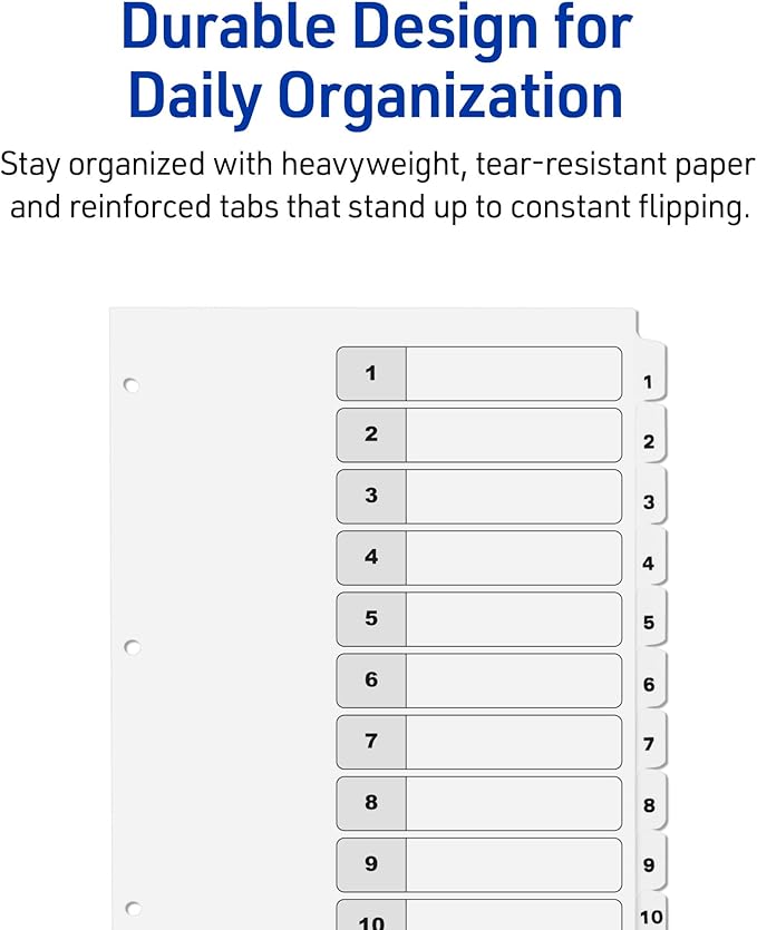 Avery Dividers for 3 Ring Binders, 10 Tabs per Set, Customizable Table of Contents, Classic White Tabs, Great for Organizing Reports, Projects, and More (6 Sets of 11823)