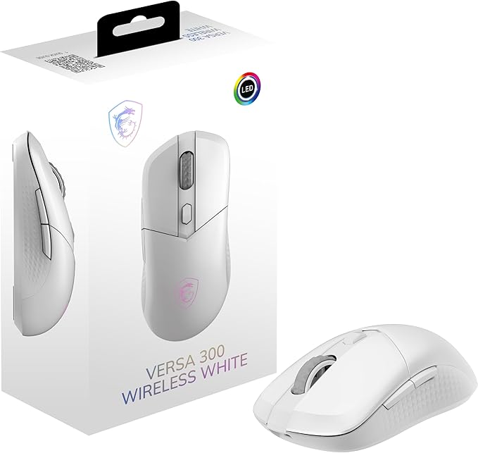 msi Versa 300 Wireless White Gaming Mouse, 8000 DPI, 30M+ Clicks Kailh Switch, Optical Sensor, Ergonomic Ambitextrous Hand Design, RGB Light