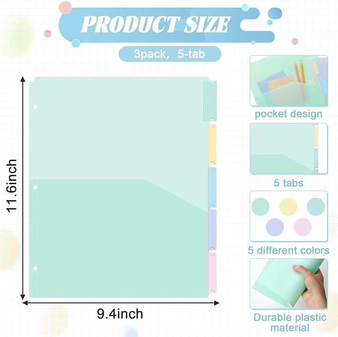 3 Sets 5 Tab Binder Dividers with Pockets for 3 Ring Plastic Binders 9.3 x 11.2 Inches 3 Hole Punched Page Dividers Sturdy Colorful Divider for Office School Business Home Organizer (Pastel Color)