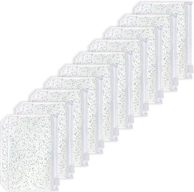10pcs A8 Cash Stuffing Envelopes Zipper Binder Pockets Clear Glitter PVC 5 Hole Zip Sleeves Loose Leaf Pouches for 5 Ring Binder Planner (A8 3.15" x 4.33")
