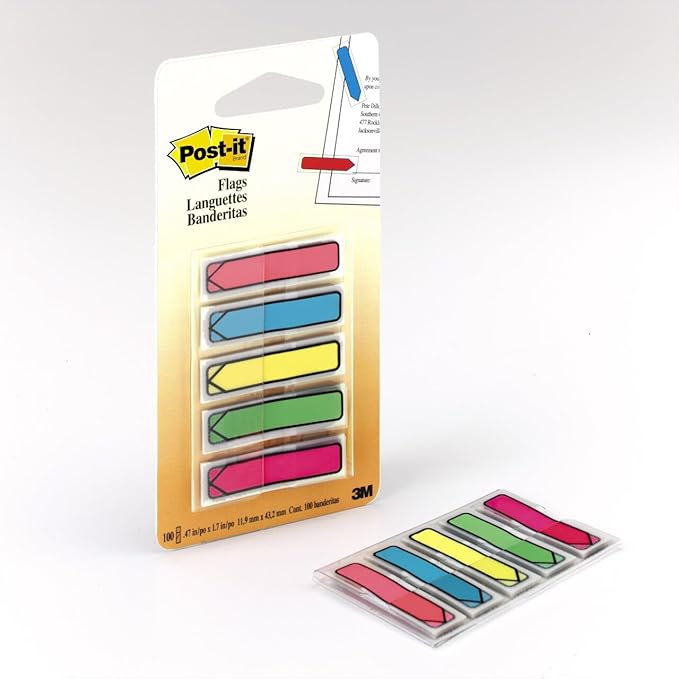 Post-it Arrow Flags, Assorted Bright Colors, 0.47 in Wide, 20 Flags per Color, 100 per Pack, 2 Packs (Total 200 Flags), Ideal for Highlighting and Organizing Documents