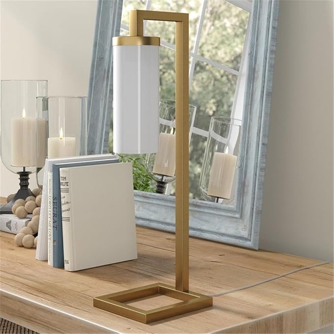 Henn&Hart 26" Tall Table Lamp with Glass Shade in Brass/White Milk, Lamp, Desk Lamp for Home or Office