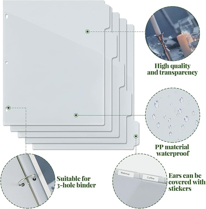 Koqye Binder Dividers with Pockets - 5 Plastic Dividers for 3 Ring Binders - A4 Bividers with Pocket & Tabs for Planners (Grey - 5 Tabs)
