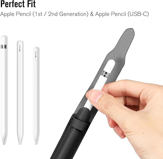 Fintie Pen Holder with USB Adapter Pocket for Apple Pencil Pro, Apple Pencil (USB-C / 1st / 2nd Generation), Elastic Vegan Leather Sleeve Pouch Compatible with iPad Case, Black