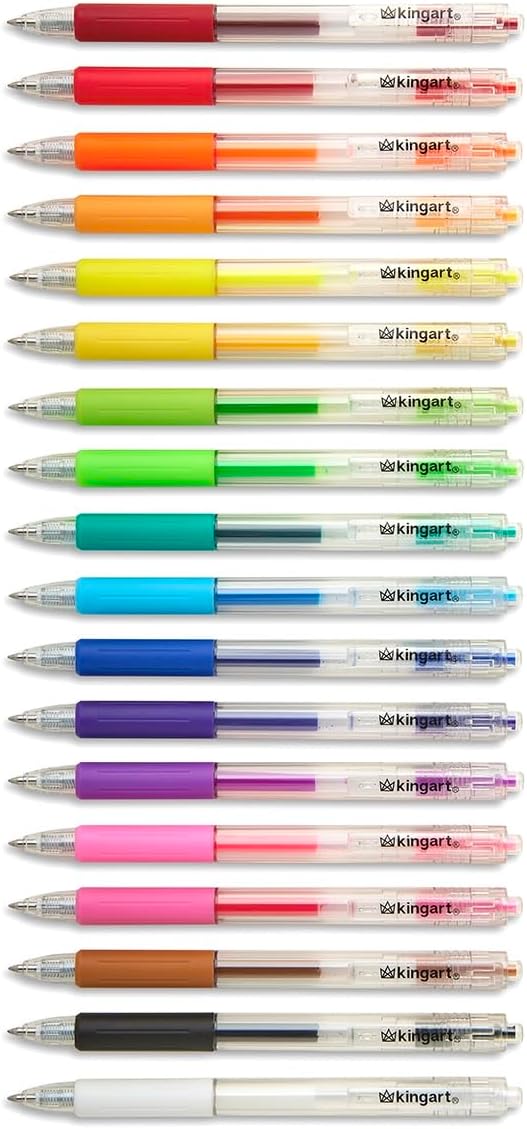 KINGART Retractable Gel Pens, 18-Count Set: Assorted Vibrant Gel Ink Colors for Ultra-Smooth Writing, Adult Coloring, Detailed Art, Journaling, Scrapbooking, and School Supplies.