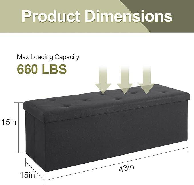VECELO 43'' Folding Storage Ottoman Bench, Storage Chest, Linen Fabric Foot Rest Stool, 158L Storage Footstools for Bedroom and Living Room, Holds up to 660 lbs, JBlack