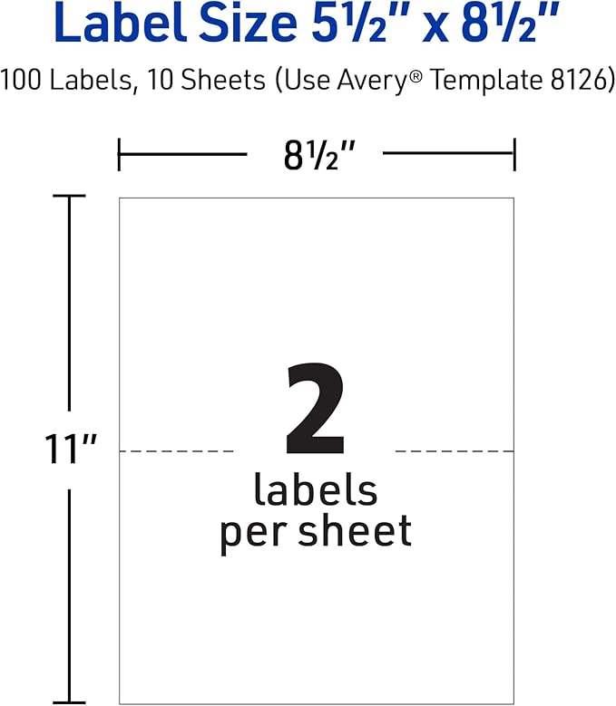 Avery Half-Sheet Printable Shipping Labels,5.5" x 8.5" Customizable Stickers,White,50 per Pack,100 Blank Mailing Labels Total,Great for Mailing,Shipping,Organizing,and More (8126), 2 Count (Pack of 4)