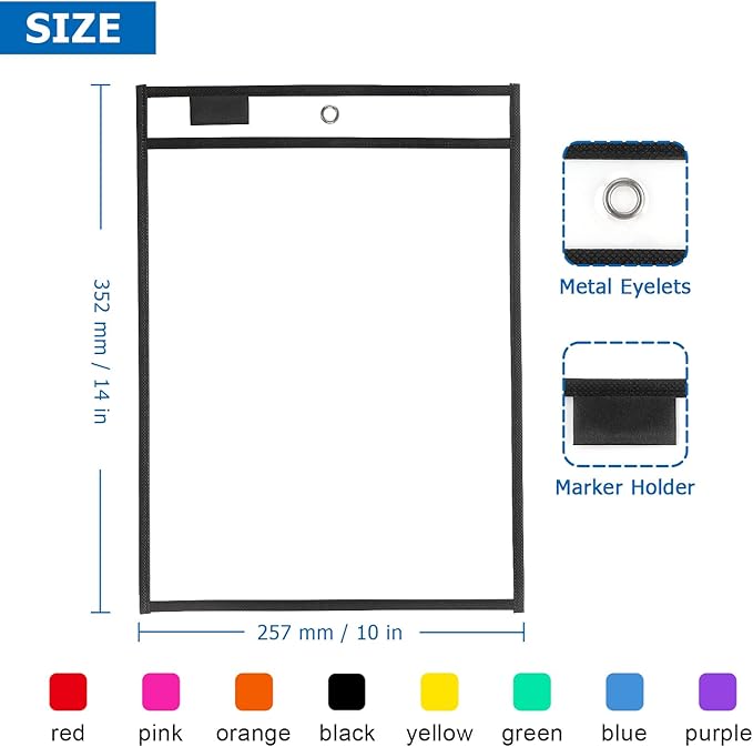 Tamaki 8 Pack Dry Erase Pockets Sleeves with Rings, 10 x 14 Inch Ticket Holders Clear Plastic Sheet Protectors for Teacher Classroom Supplies, 8 Assorted Colors