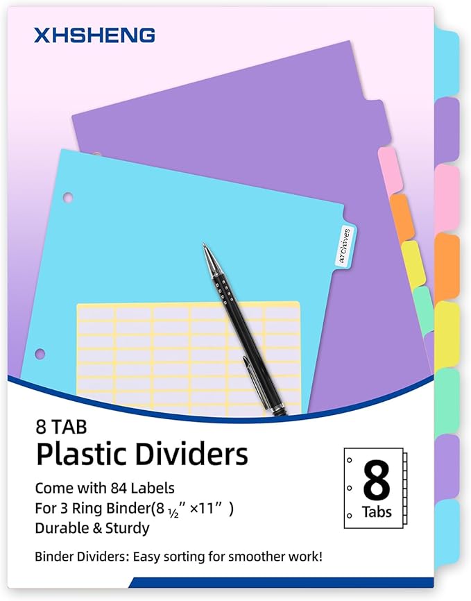 3 Ring Binder Dividers with TAB,24PCS/3 Set Plastic File Dividers,8 Tab 3 Hole Punch Dividers,Pastel Color,Letter Size,3 Sets