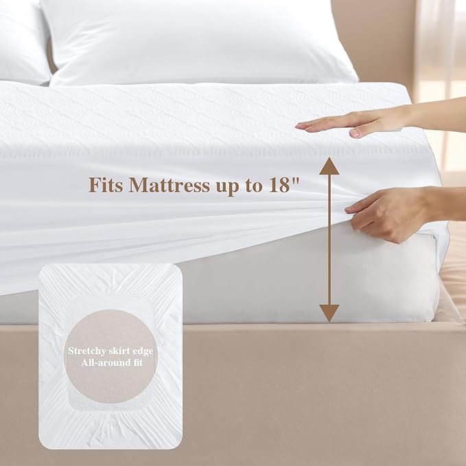 Twin XL Mattress Protector, Waterproof Mattress Pad Washable Rayon Mattress Cover Breathable Noiseless Bed Protector 3D Patterns 5" - 21'' Elastic Fitted Deep Pocket(White)