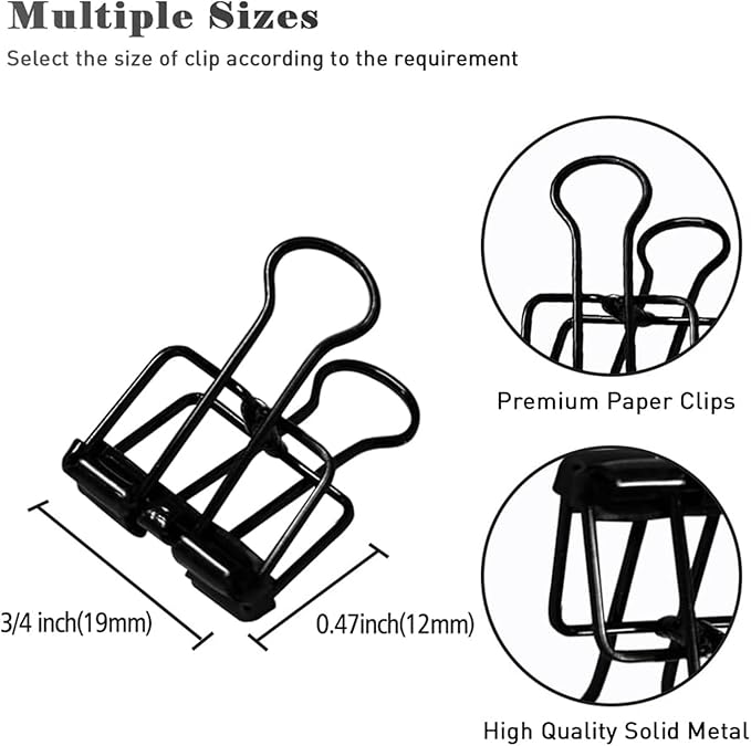 Small Binder Clips, 36 Pack, 3/4 Inch, Standard 19mm, Hollow Out Black, Capacity 0.31 Inch, Fold Clamp, Wire Clip, Paper Clips, Office Clips, School & Home Use
