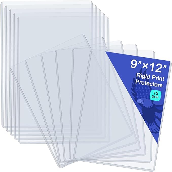 Rainmae 15 Pack 9" x 12" Rigid Print Protectors, Clear Hard Plastic Sheet Protectors, Waterproof Photo Top-Loading Sleeves Rigid Menu Holders Cards Photos Drawings Artworks Poster Prints Documents