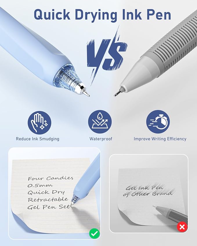 Four Candies Writing Ink Pens with Black & Blue Ink and 2Pack Highlighter, Retractable 0.5mm Smooth Fine Point Pens,Blue Pens for School,Office Girly Stationery Aesthetic Desk Accessories Set of 14