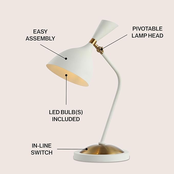 JONATHAN Y 21.5" White/Brass Gold Retro Mid-Century LED Table Lamp for Home Office, Adjustable Task Light with Black Iron Shade, Bedside Nightstand Lamp, LED Bulb Included (JYL9065B)