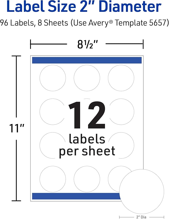 Avery Durable Waterproof Labels, Sure Feed Technology, 2" Diameter, Matte White, Laser/Pigment-Inkjet Printable, 96 Blank Labels, Great for Food Containers, Product Merchandising, and More (5657)