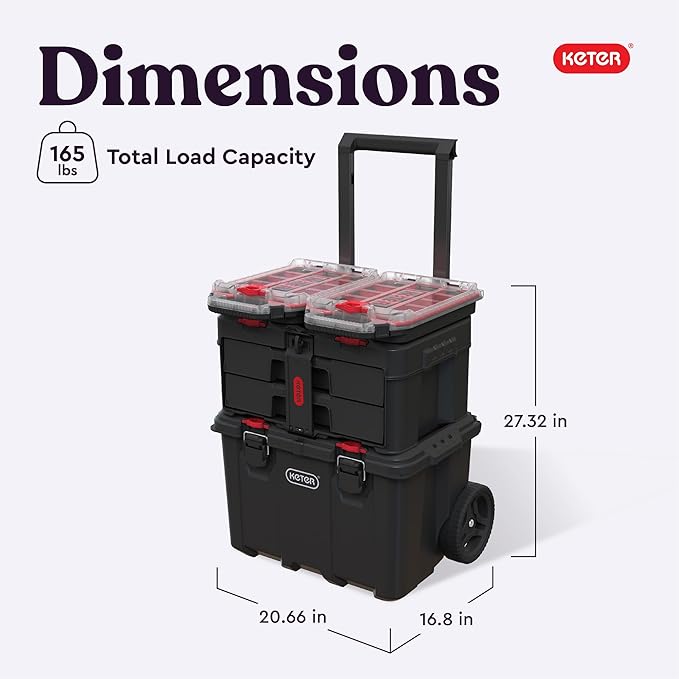 Keter Stack-n-Roll 2.0 Modular Tools Organizer for Garage Storage and DIY, 3 Piece Resin Rolling Tool Box System for Small Parts, Black
