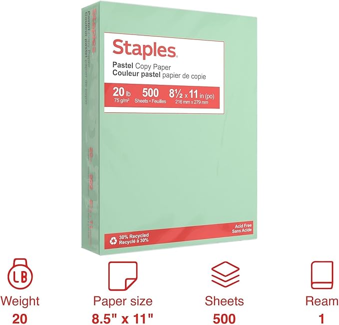 Staples 30% Recycled Color Copy Paper, 20 lbs., 8.5" x 11", Green, 500/Ream, For Office, School & Home