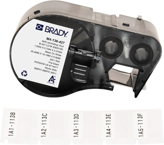 Brady Authentic (M4-136-427) Self-Laminating Vinyl Wrap Around Labels 0.75" H x 1" W Black on White, Clear, 340 Labels. for use with The BMP41, BMP51, and M511 Label Printers