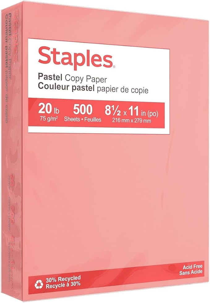 Staples Pastel Recycled Copy Paper - 8.5x11, Salmon, 20 lbs, 500 Sheets, Bright, Acid-Free, Multipurpose Ream