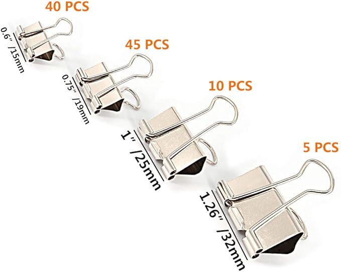 Binder Paper Clips, Assorted Sizes Set (Mini, Small, Medium, Large) for Office School and Home Supplies (Silver)