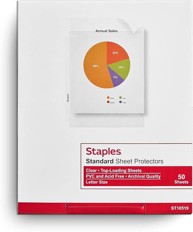 Staples Medium-Weight Sheet Protectors, 8.5" x 11" – Top-Loading Clear Page Protectors for Binders, 50-Pack