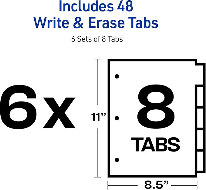 Avery Big Tab Write & Erase 8 Tab Dividers for 3 Ring Binders,Multicolor Divider Tabs,Great for Organizing Projects,Reports,Finances,(23079),6 Count (Pack of 8)