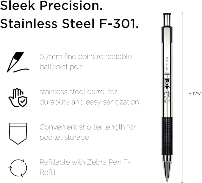 Zebra Pen F-301 Compact Ballpoint Stainless Steel Fine Point 0.7mm Ballpoint 1-Pack – Easy-Glide Ink, Non-Slip Grip, Metal Clip, Refillable with F-Refill, Professional Design (27114)